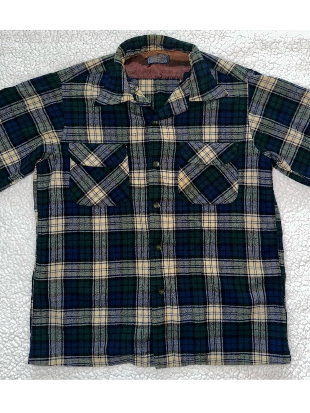 VTG Pendleton flannel 50s wool blue green cream plaid pockets loop collar M